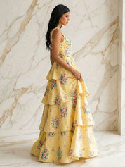 Yellow Floral Tiered A-Line Prom Dress with Braided Straps