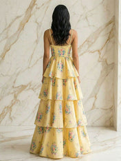 Yellow Floral Tiered A-Line Prom Dress with Braided Straps