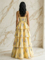 Yellow Floral Tiered A-Line Prom Dress with Braided Straps