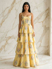 Yellow Floral Tiered A-Line Prom Dress with Braided Straps