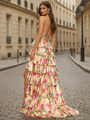 Yellow Floral Tiered Ruffle Long Prom Dress with Keyhole