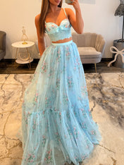 Yellow Floral Two-Piece Tiered Tulle Long Prom Dress