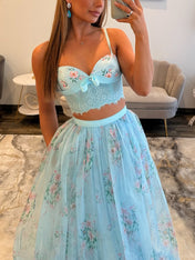 Yellow Floral Two-Piece Tiered Tulle Long Prom Dress