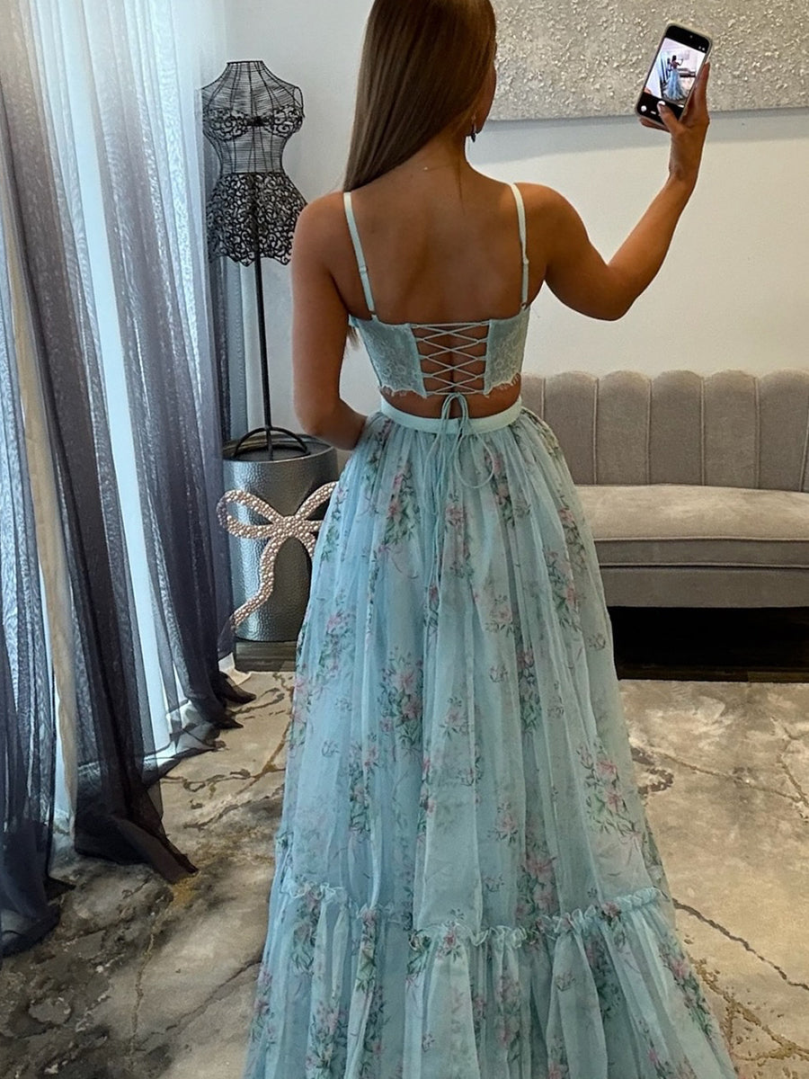 Yellow Floral Two-Piece Tiered Tulle Long Prom Dress