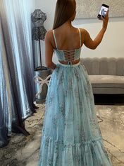 Yellow Floral Two-Piece Tiered Tulle Long Prom Dress