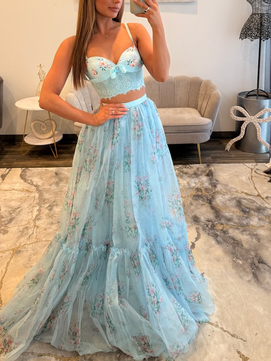 Yellow Floral Two-Piece Tiered Tulle Long Prom Dress
