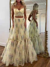 Yellow Floral Two-Piece Tiered Tulle Long Prom Dress