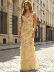 Yellow Floral V-Neck Ruffled A-Line Chiffon Prom Dress