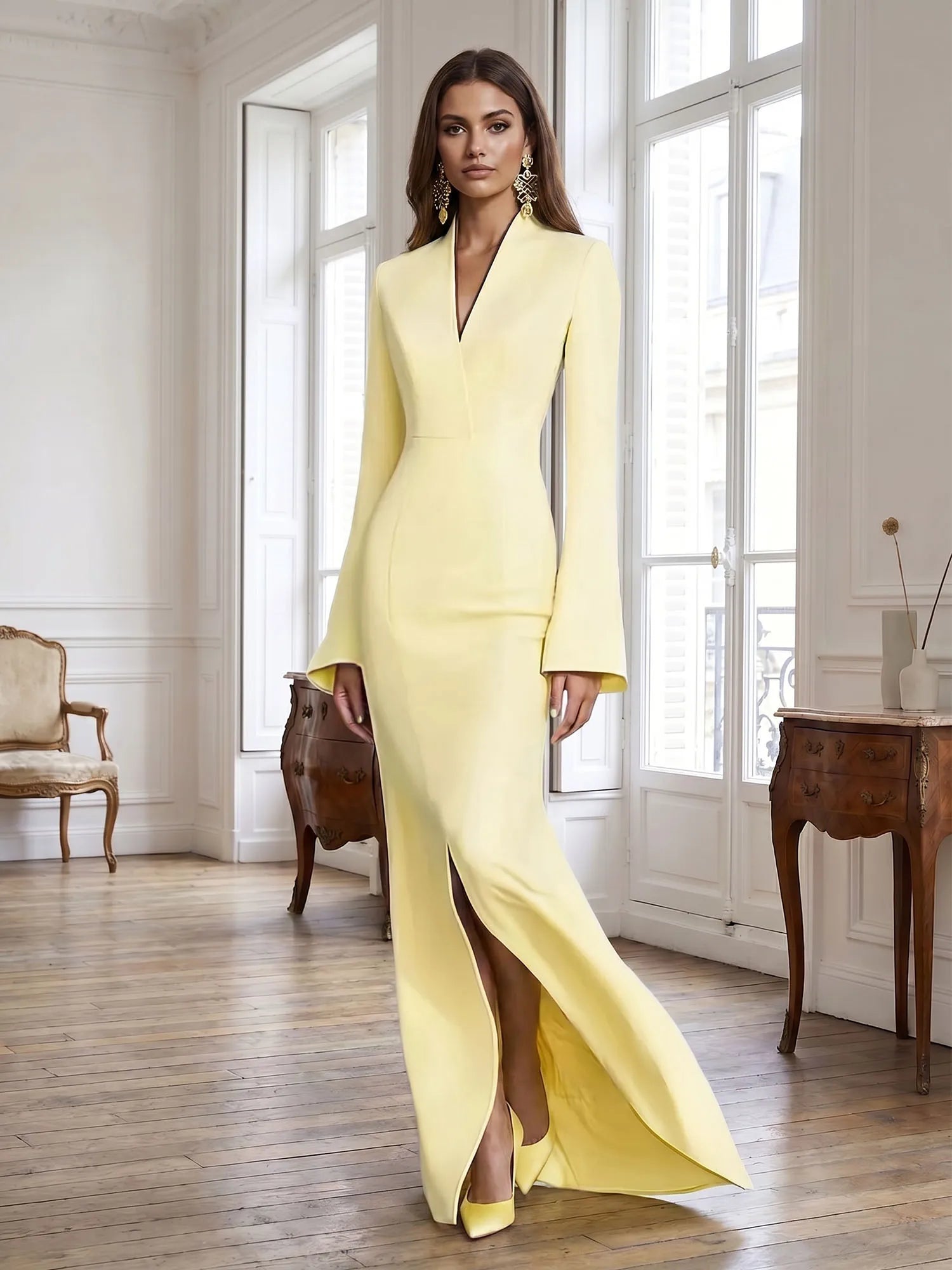 Yellow Long Bell Sleeve Mermaid Evening Gown with Asymmetric V-Neck Formal Dresses