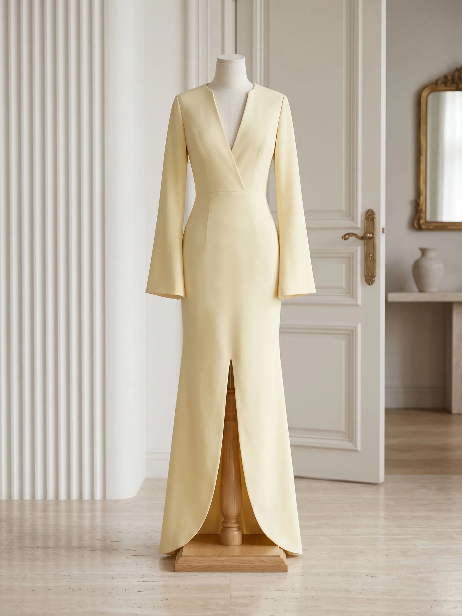 Yellow Long Bell Sleeve Mermaid Evening Gown with Asymmetric V-Neck Formal Dresses