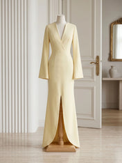 Yellow Long Bell Sleeve Mermaid Evening Gown with Asymmetric V-Neck Formal Dresses