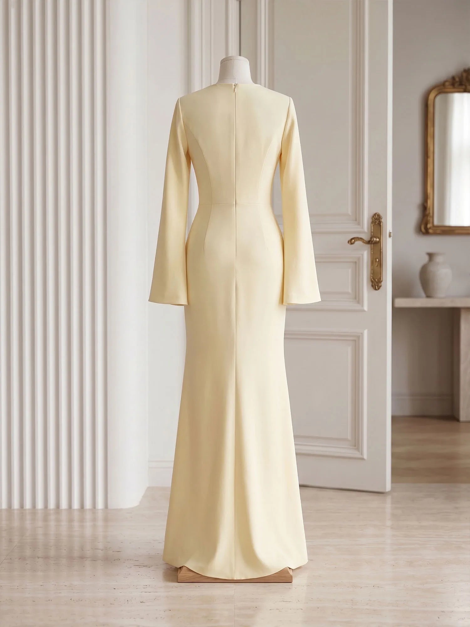 Yellow Long Bell Sleeve Mermaid Evening Gown with Asymmetric V-Neck Formal Dresses