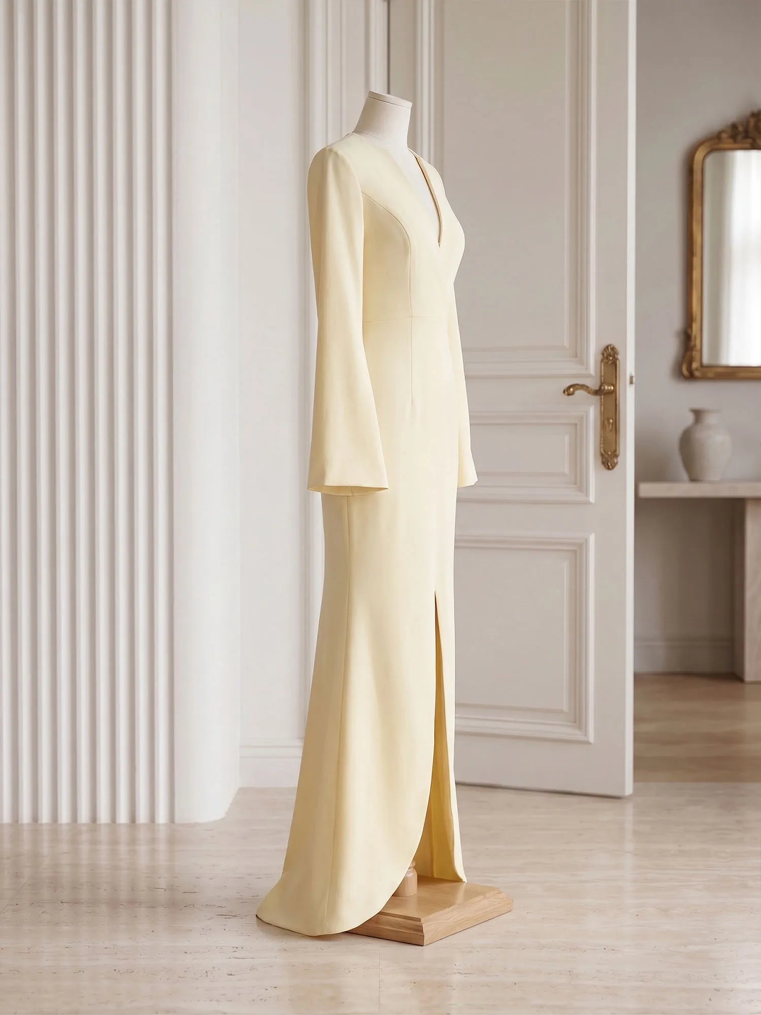 YellowLongBellSleeveMermaidEveningGownwithAsymmetricV-NeckFormalEveningDresses_5.webp