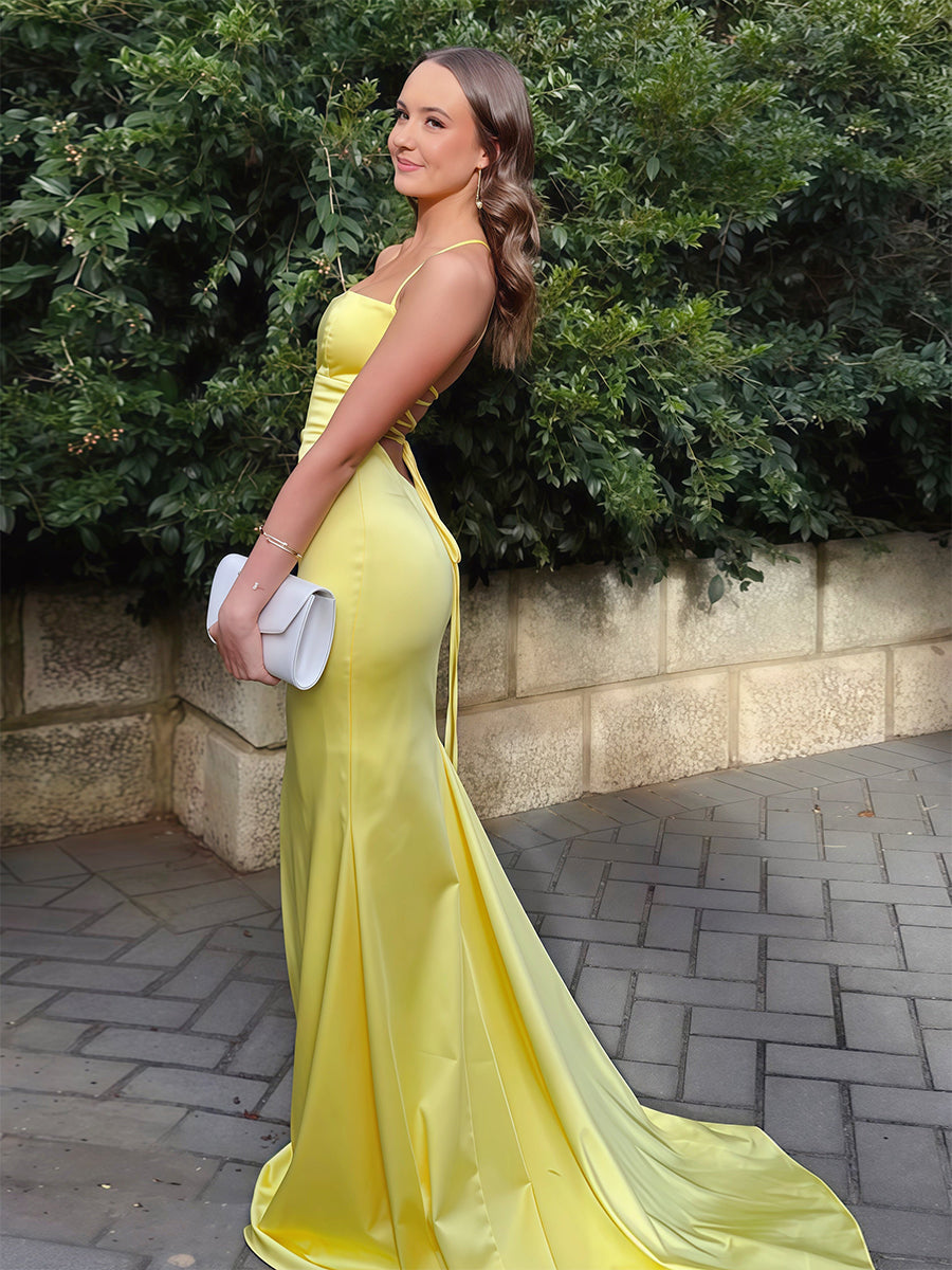 Yellow Mermaid Spaghetti Strap Long Prom Dress
