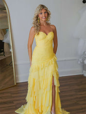 Yellow Mermaid Sweetheart Long Tiered Tulle Prom Dress with Slit