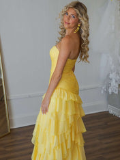 Yellow Mermaid Sweetheart Long Tiered Tulle Prom Dress with Slit