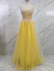 Yellow Metallic Lace Appliqué Tulle Long Prom Dress with Slit