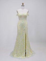 Yellow Off-the-Shoulder Plunging V-Neck Sequin Prom Dress with High Slit