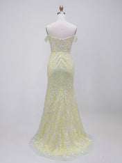 Yellow Off-the-Shoulder Plunging V-Neck Sequin Prom Dress with High Slit
