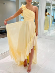 Yellow One-Shoulder Rosette Chiffon Prom Dress with High-Low Ruffled Skirt
