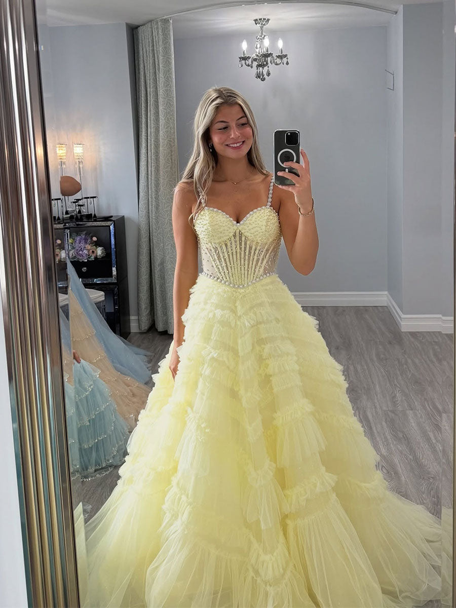 Dreamylily Prom Dress Yellow Pearl Encrusted Corset Ruffled Tulle Long Ball Gown Dreamylily Prom Dress Yellow Pearl Encrusted Corset Ruffled Tulle Long Ball Gown