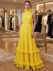 Yellow A Line Pleated Halter Ruffle Long Prom Dress