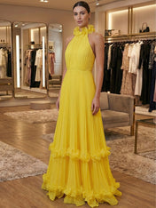 Yellow A Line Pleated Halter Ruffle Long Prom Dress