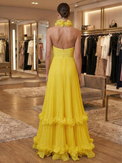 Yellow A Line Pleated Halter Ruffle Long Prom Dress