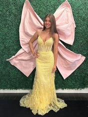 Yellow Plunging V-Neck Sheer Corset Prom Dress with Floral Lace Appliqués