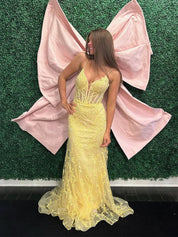 Yellow Plunging V-Neck Sheer Corset Prom Dress with Floral Lace Appliqués