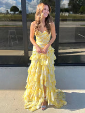 Yellow Print Mermaid Ruffled Tiered Prom Dress with Slit