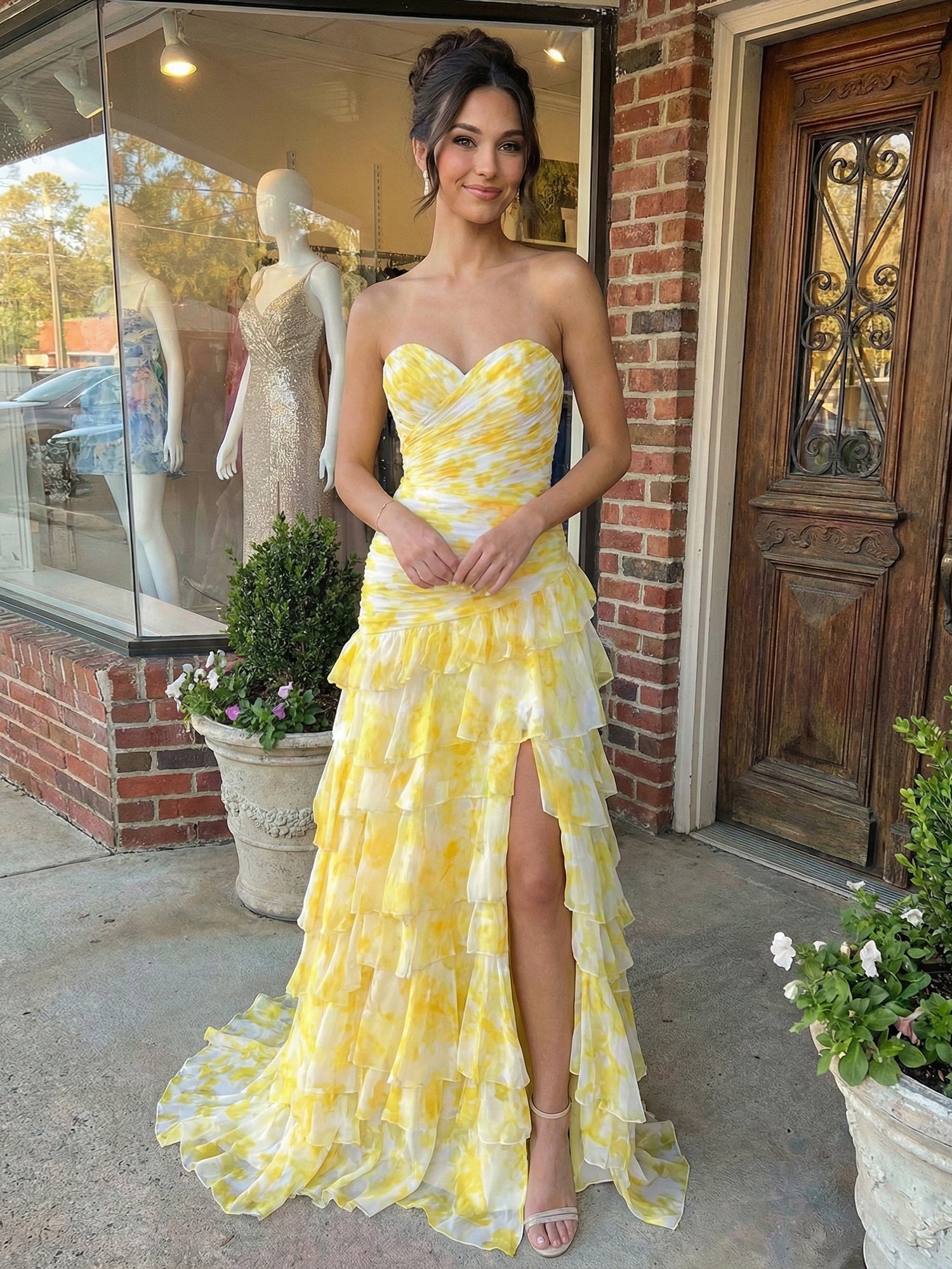 YellowPrintStraplessTieredRuffleLongPromDresswithSlit.jpg