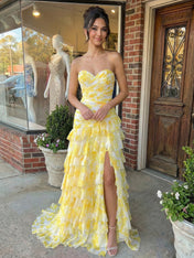 Yellow Print Mermaid Ruffled Tiered Prom Dress with Slit
