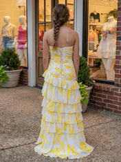 Yellow Print Mermaid Ruffled Tiered Prom Dress with Slit