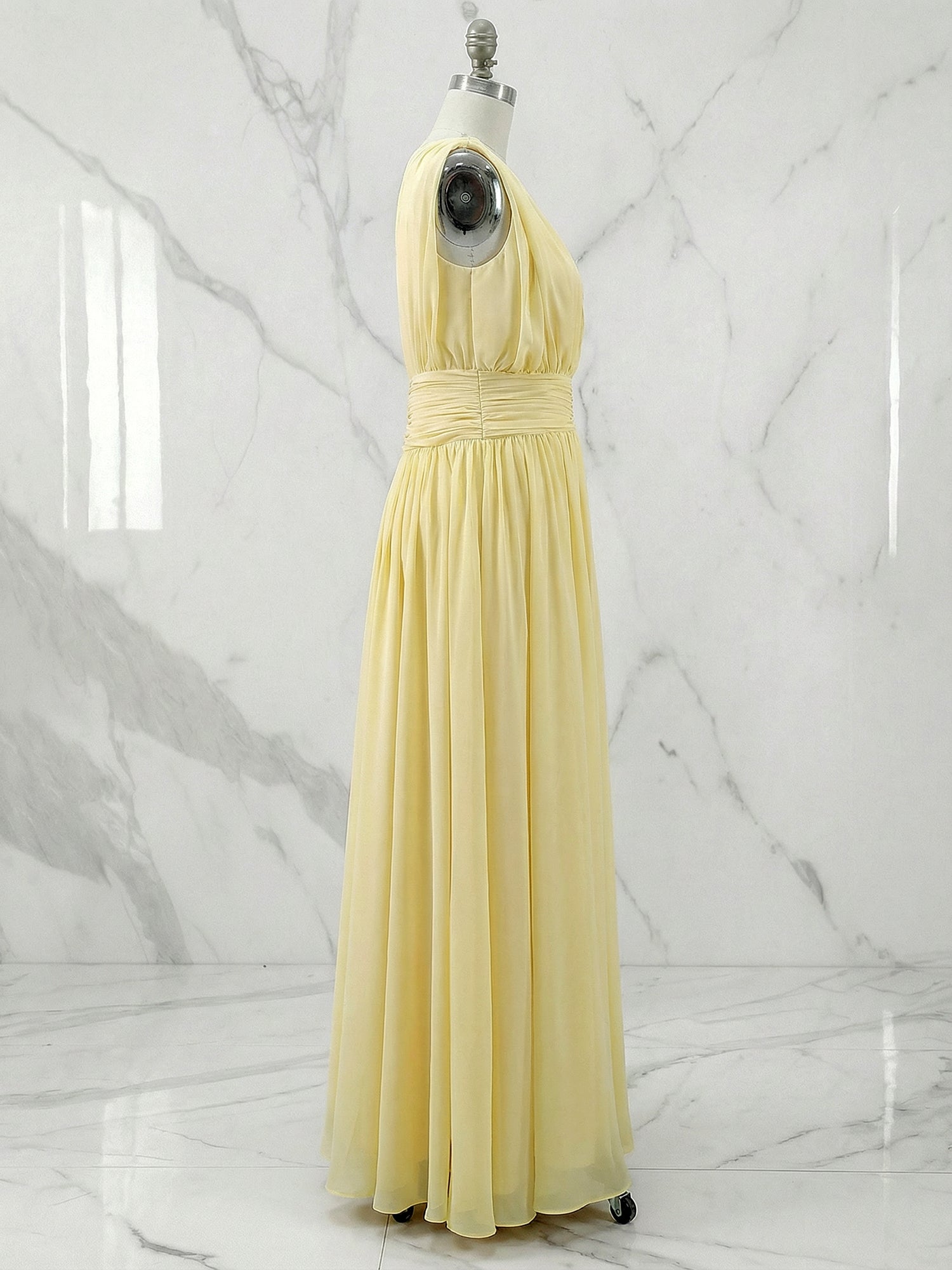 Yellow Ruched Chiffon Crew Neck Sleeveless A-Line Maxi Dress Gown