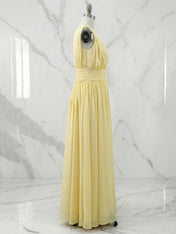 Yellow Ruched Chiffon Crew Neck Sleeveless A-Line Maxi Dress Gown