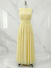 Yellow Ruched Chiffon Crew Neck Sleeveless A-Line Maxi Dress Gown