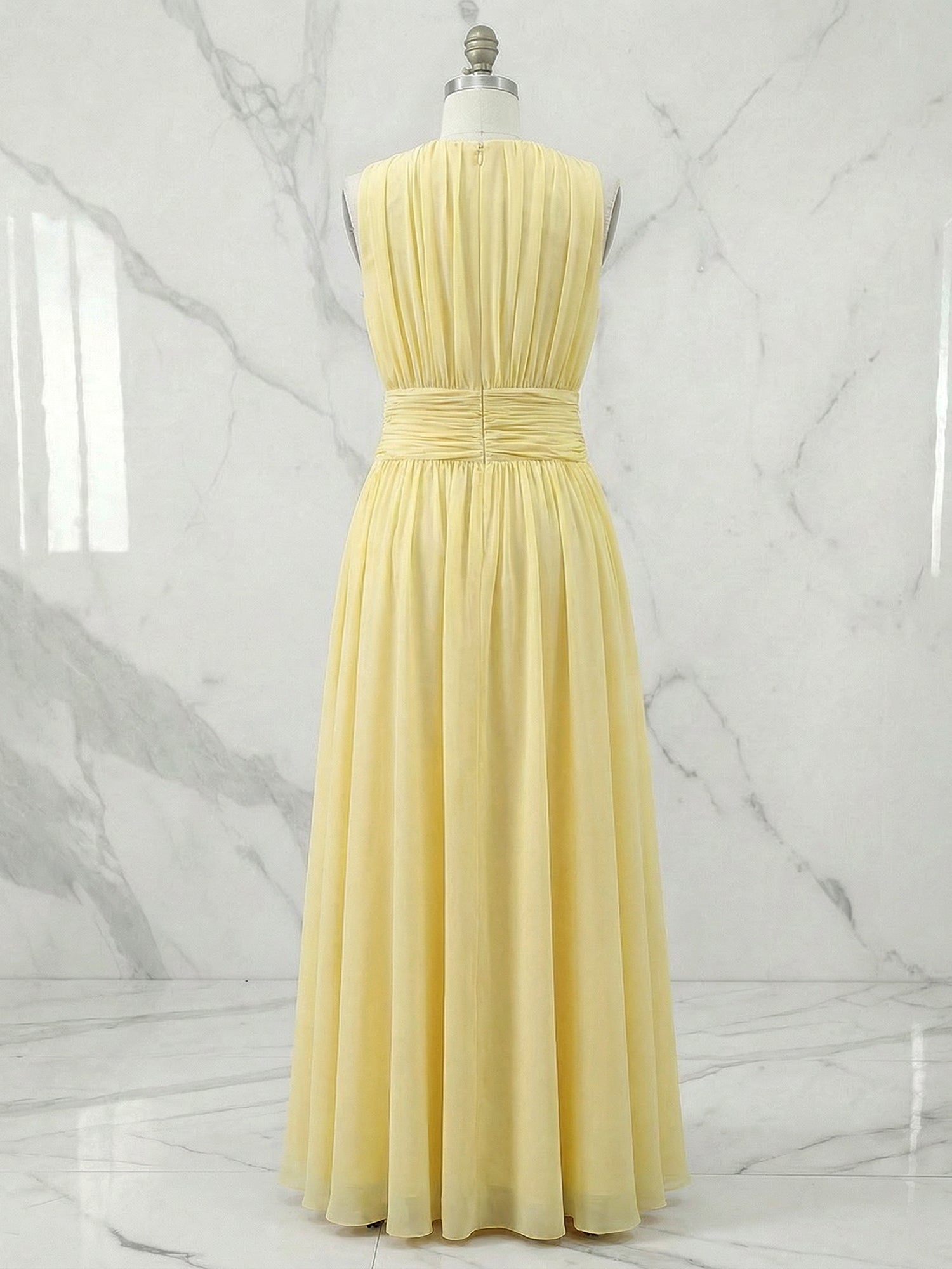 Yellow Ruched Chiffon Crew Neck Sleeveless A-Line Maxi Dress Gown