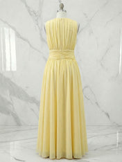 Yellow Ruched Chiffon Crew Neck Sleeveless A-Line Maxi Dress Gown
