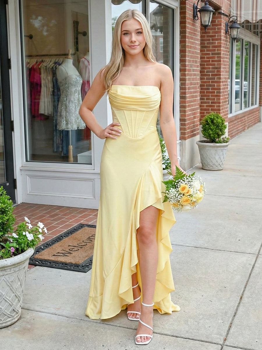 Yellow Satin Corset Ruffle Long Prom Dress with Slit