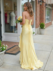 Yellow Satin Corset Ruffle Long Prom Dress with Slit