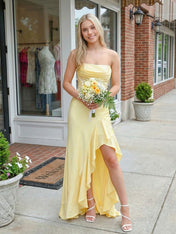 Yellow Satin Corset Ruffle Long Prom Dress with Slit