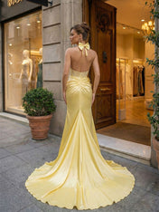 Yellow Satin Halter Corset Long Prom Dress with Slit