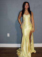 Yellow Satin Mermaid Corset Bodice Prom Dress with Rhinestone