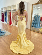 Yellow Satin Mermaid Prom Dress with Floral Straps