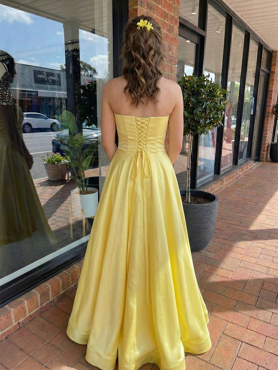 Yellow Satin Strapless Basque Waist Long Prom Dress