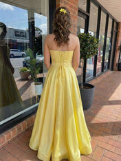 Yellow Satin Strapless Basque Waist Long Prom Dress