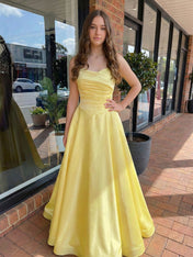 Yellow Satin Strapless Basque Waist Long Prom Dress