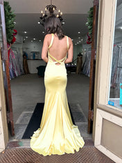Yellow Satin V-Neck Mermaid Long Prom Dress