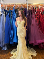 Yellow Sequin Strapless Sweetheart Mermaid Corset Prom Dress